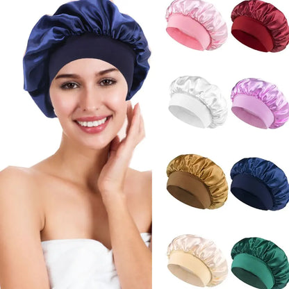 Orizeni Soft Long  Hair Care Bonnet Imitation Silk Solid Satin Night Sleep Hat Large Elastic Edge Wrap Satin Shower Caps for Women